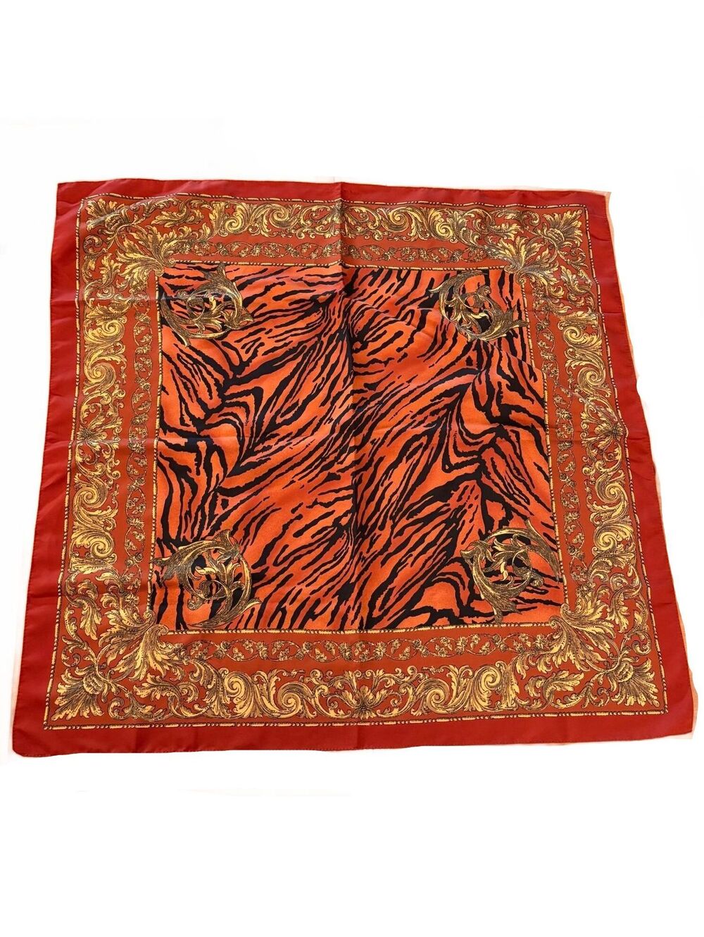 Vintage Animal Print Square Scarf with Ornate Gold Border - No tag - 30x30